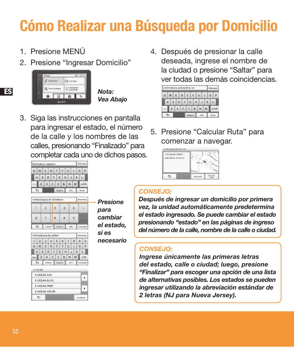 Cómo realizar una búsqueda por domicilio | Sony NV-U83T User Manual | Page 56 / 68