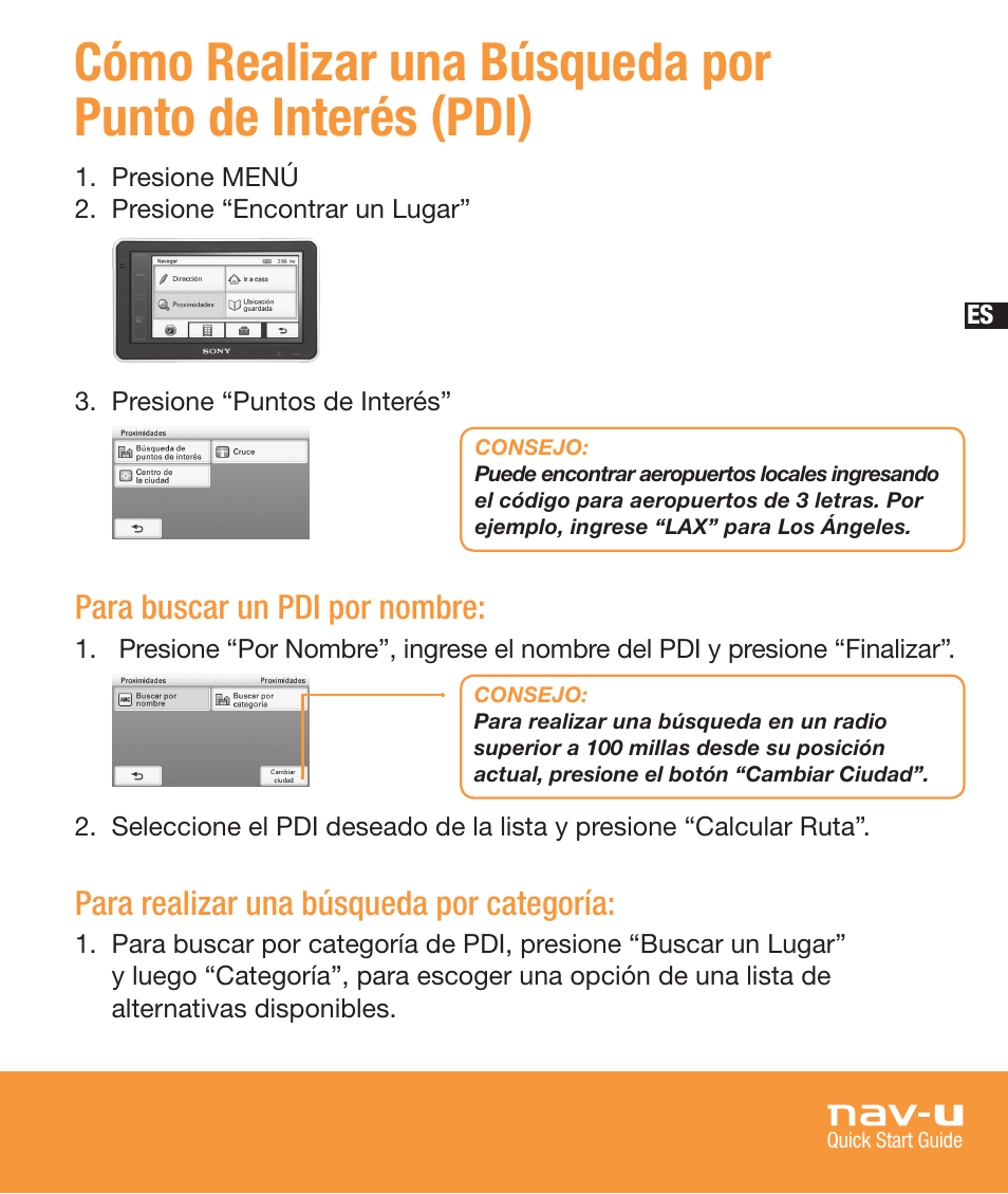 Para buscar un pdi por nombre, Para realizar una búsqueda por categoría | Sony NV-U83T User Manual | Page 57 / 68