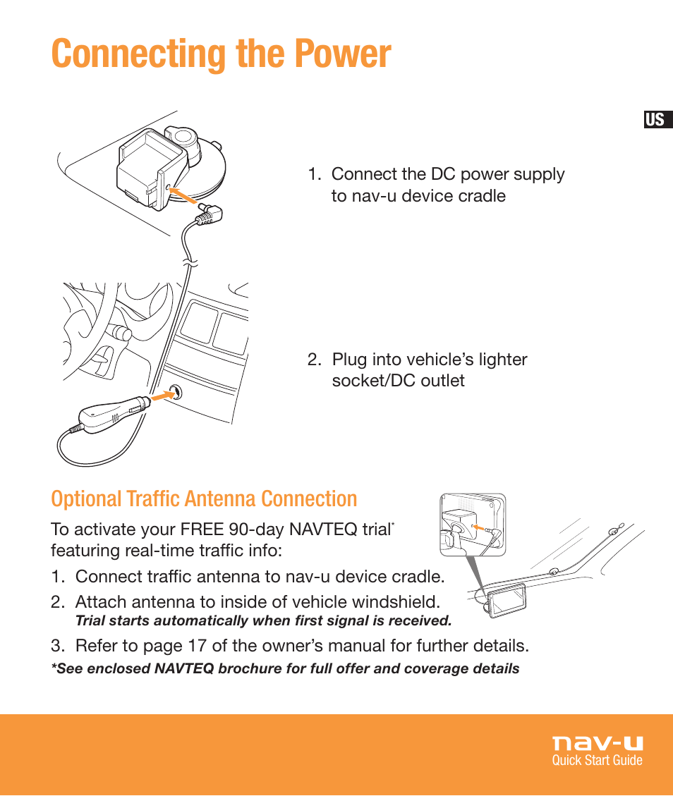 Connecting the power, Optional traffic antenna connection | Sony NV-U83T User Manual | Page 7 / 68
