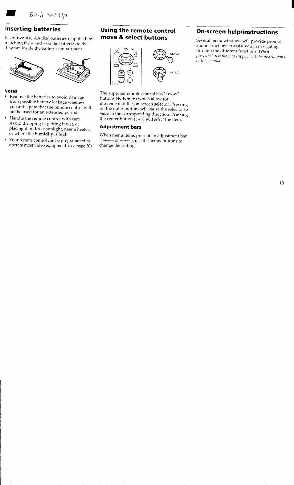 Inserting batteries, Using the remote control move & select buttons, On-screen help/instructions | Adjustment bars | Sony KV 32S40 User Manual | Page 15 / 39