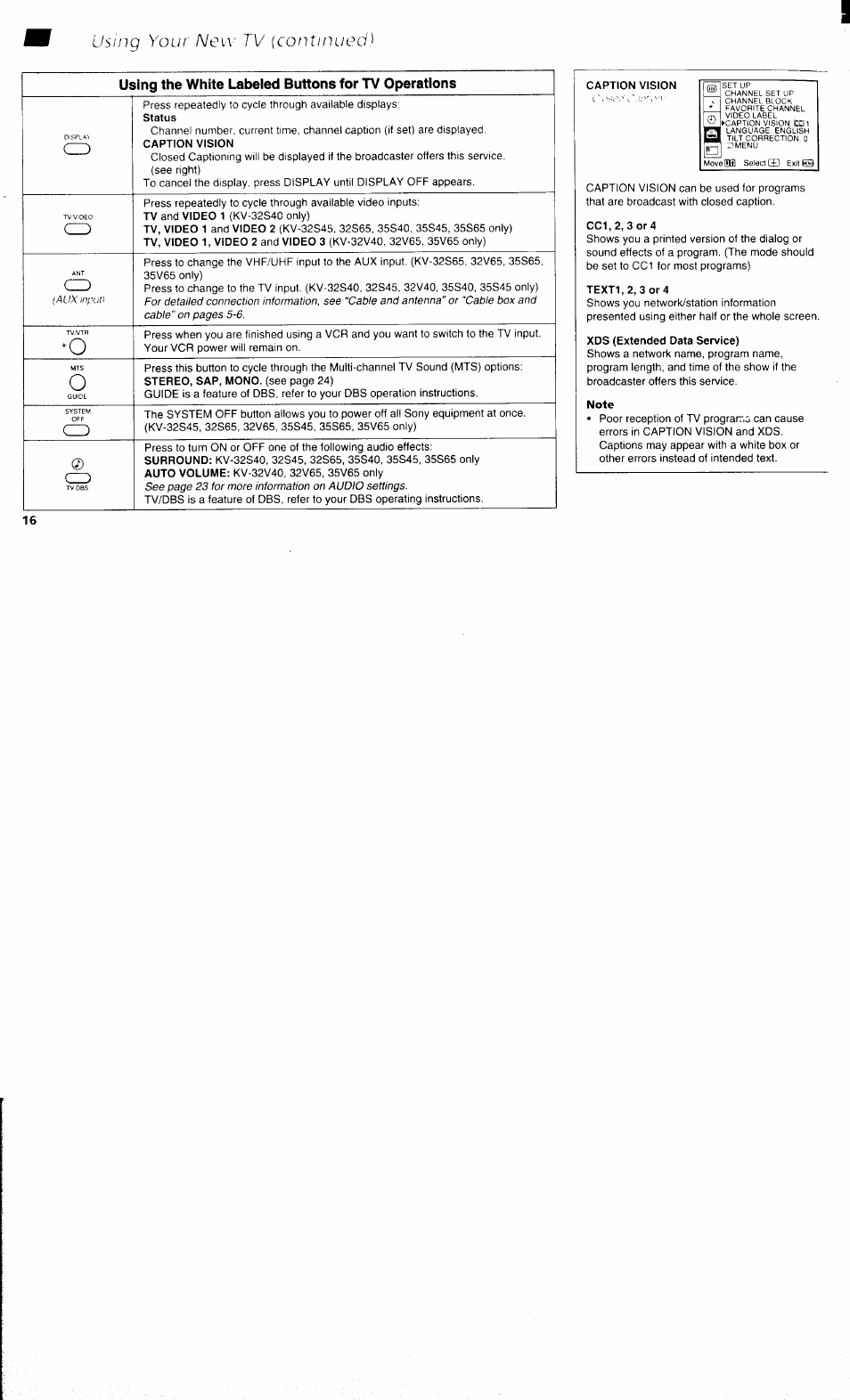 Caption vision, Cc1,2, 3or4, Text1,2, 3or4 | Xds (extended data service), Note, Using your new tv (continued'i | Sony KV 32S40 User Manual | Page 18 / 39