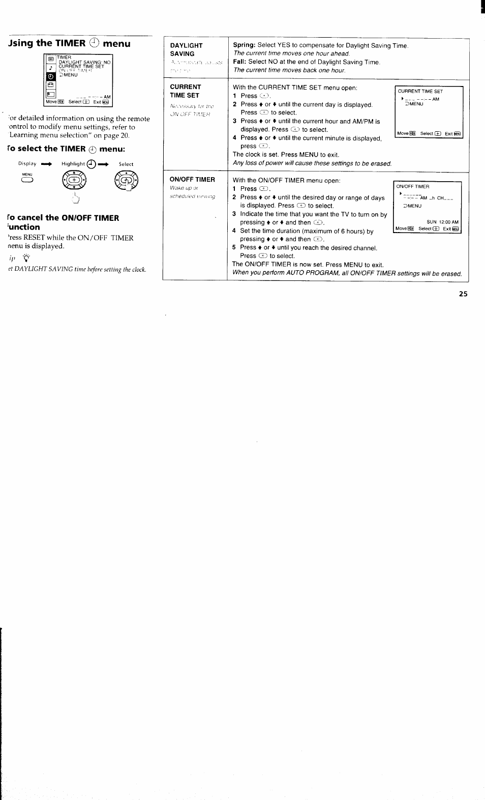 Jsing the timer © menu, To select the timer 0 menu, To cancel the on/off timer 'unction | Using the timer ® menu, Unction, On/off timer | Sony KV 32S40 User Manual | Page 27 / 39