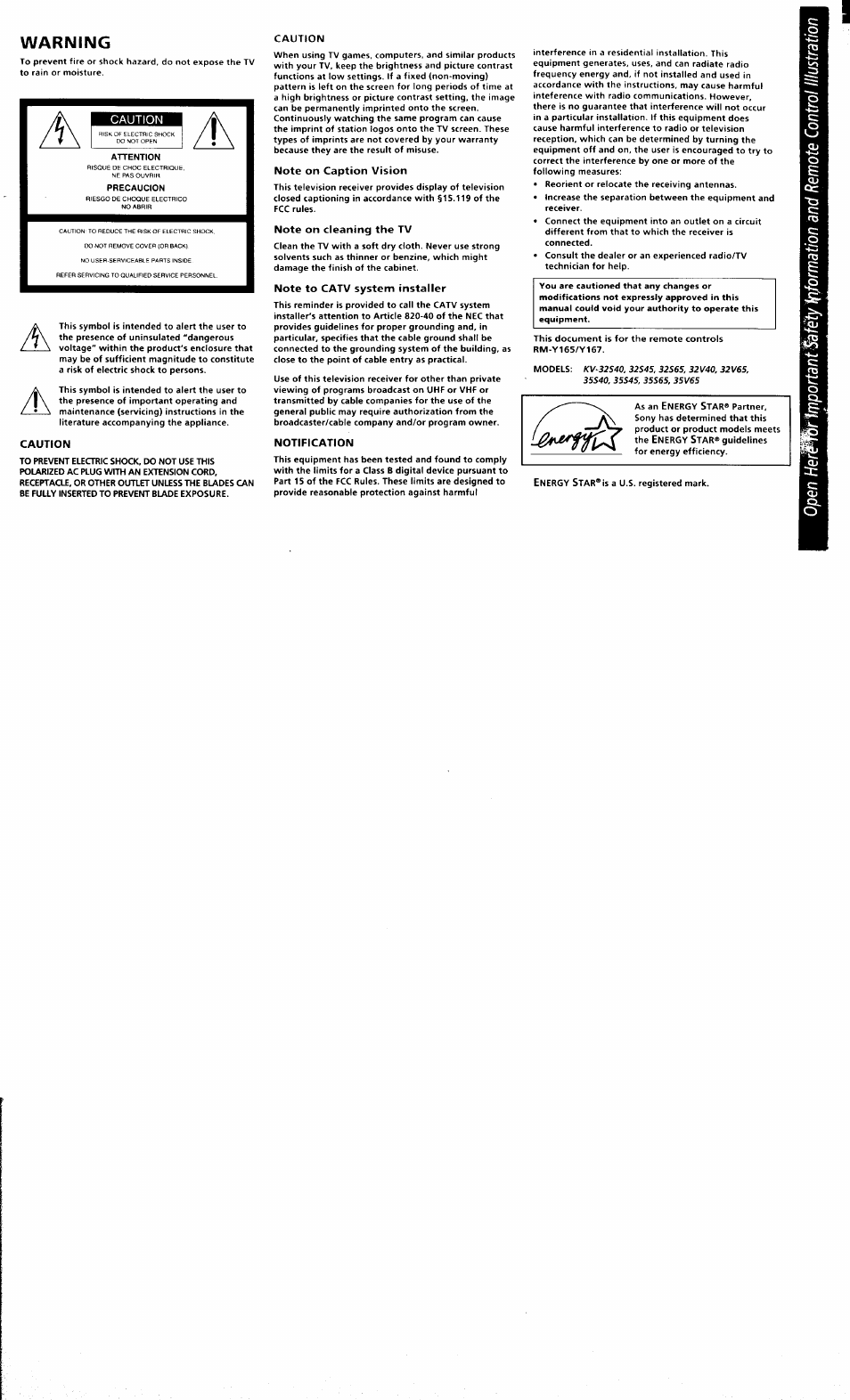 Warning | Sony KV 32S40 User Manual | Page 3 / 39