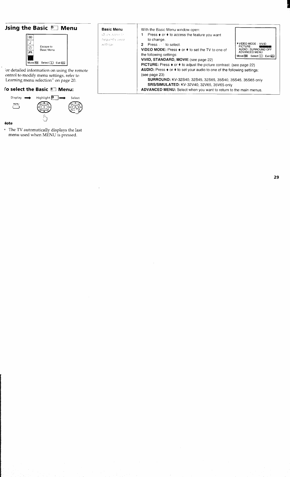 Jsing the basic ed menu, To select the basic eh menu, 4ote | Using the basic 2zi menu | Sony KV 32S40 User Manual | Page 31 / 39