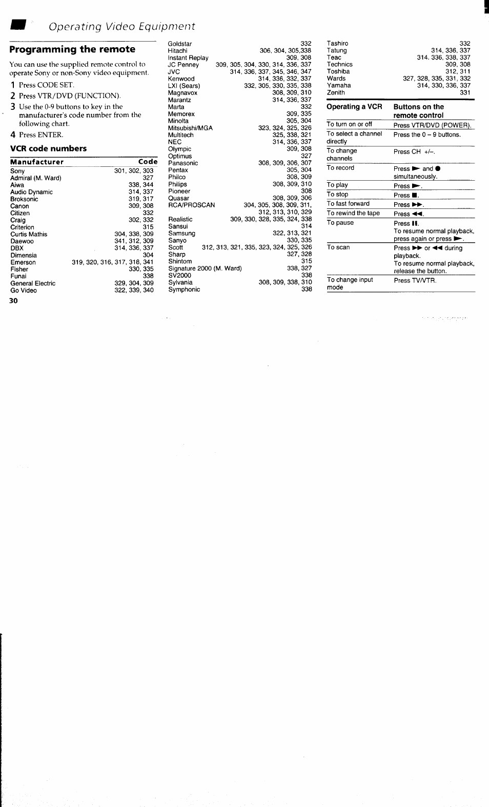 Vcr code numbers, Operating video equipment programming the remote, 3vcr code numbers manufacturer code | Sony KV 32S40 User Manual | Page 32 / 39