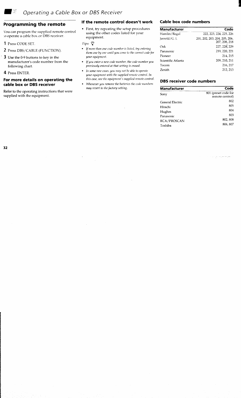 Cable box code numbers, Operating a cable box or dbs receiver, Programming the remote | Sony KV 32S40 User Manual | Page 34 / 39