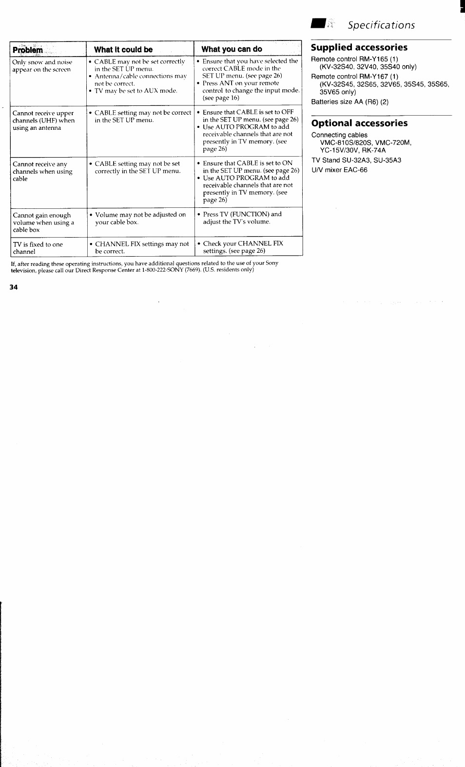 Specifications, Supplied accessories, Optional accessories | Sony KV 32S40 User Manual | Page 36 / 39