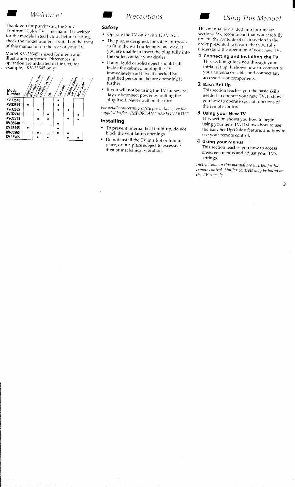 Wm welcome, Safety, Installing | 1 connecting and installing the tv, 2 basic set up, 3 using your new tv, 4 using your menus, Welcome, Precautions, Using this manual | Sony KV 32S40 User Manual | Page 5 / 39