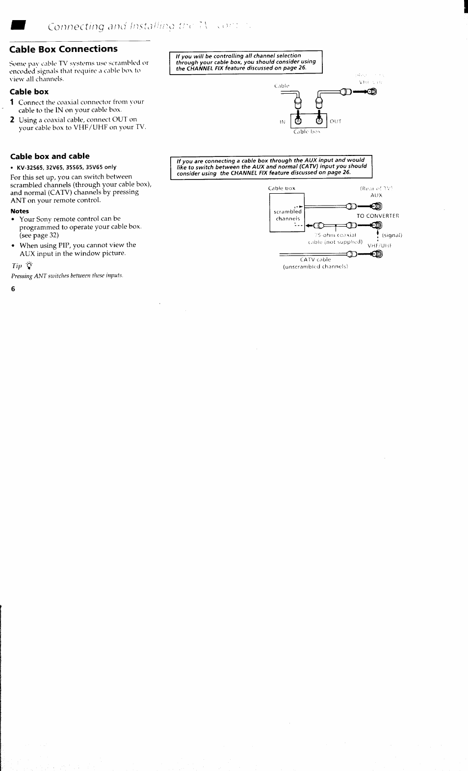 Cable box connections, Cable box, Cable box and cable | Kv-32s6s, 32v65, 35s65, 35v65 only, Notes, Loiviecting jiui | Sony KV 32S40 User Manual | Page 8 / 39