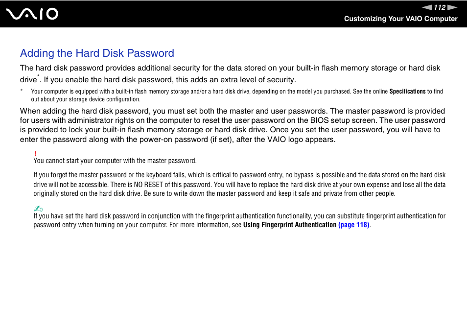 Adding the hard disk password | Sony VGN-TZ198N User Manual | Page 112 / 232