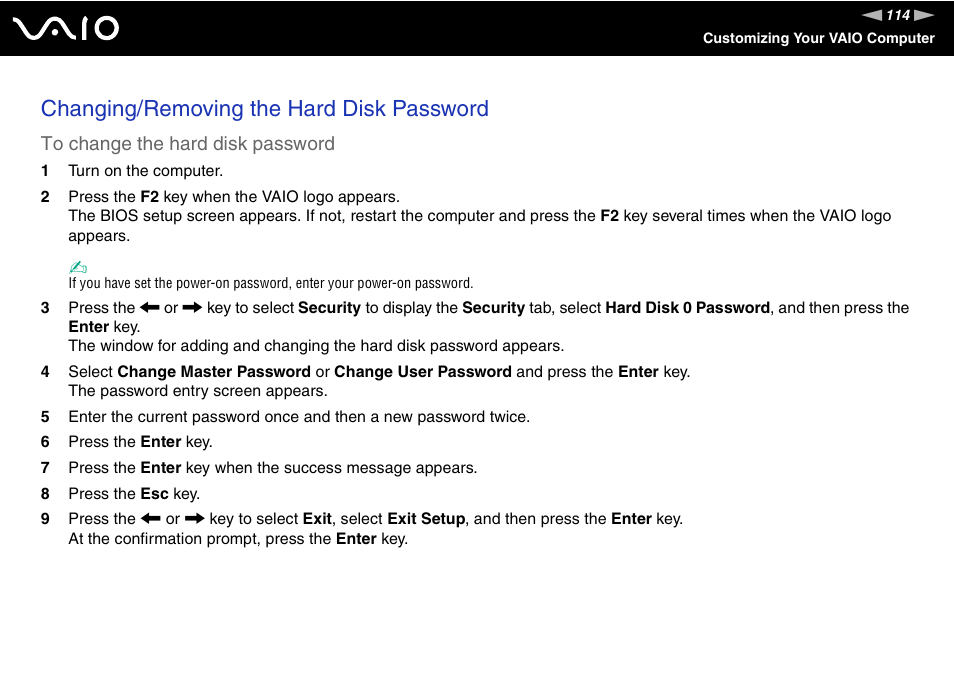 Changing/removing the hard disk password | Sony VGN-TZ198N User Manual | Page 114 / 232