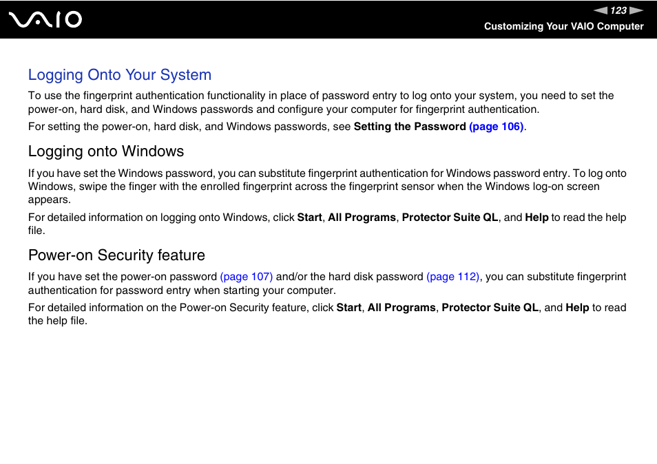 Logging onto your system, Logging onto windows, Power-on security feature | Sony VGN-TZ198N User Manual | Page 123 / 232