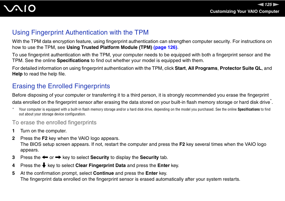 Using fingerprint authentication with the tpm, Erasing the enrolled fingerprints | Sony VGN-TZ198N User Manual | Page 125 / 232