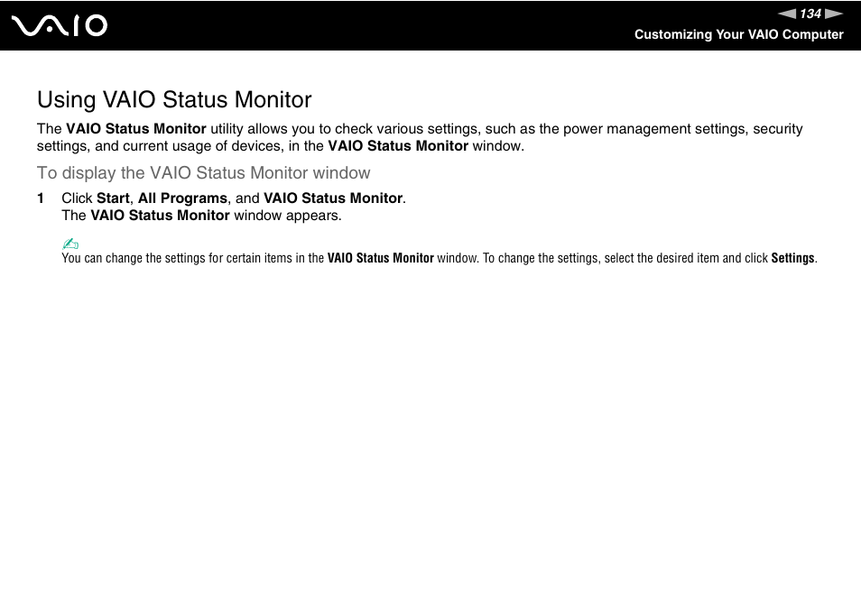 Using vaio status monitor | Sony VGN-TZ198N User Manual | Page 134 / 232