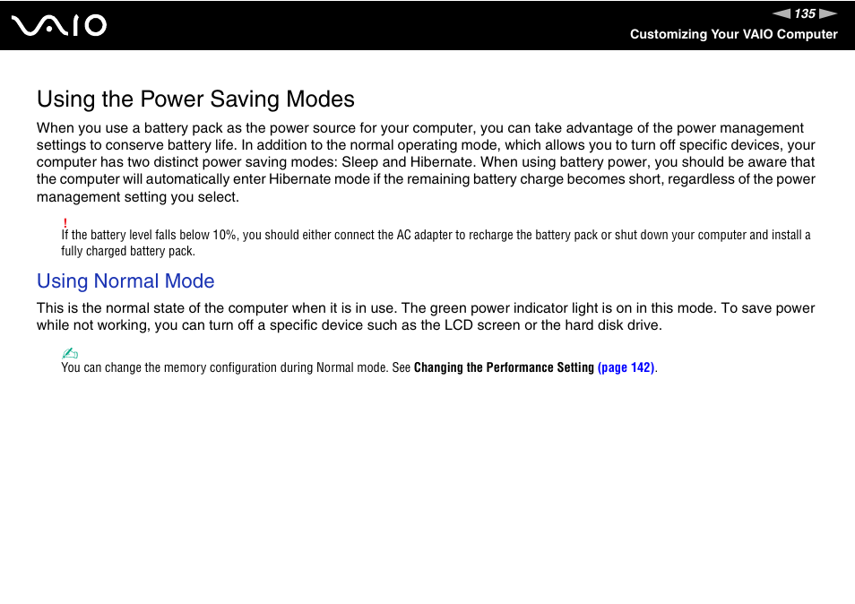 Using the power saving modes, Using normal mode | Sony VGN-TZ198N User Manual | Page 135 / 232