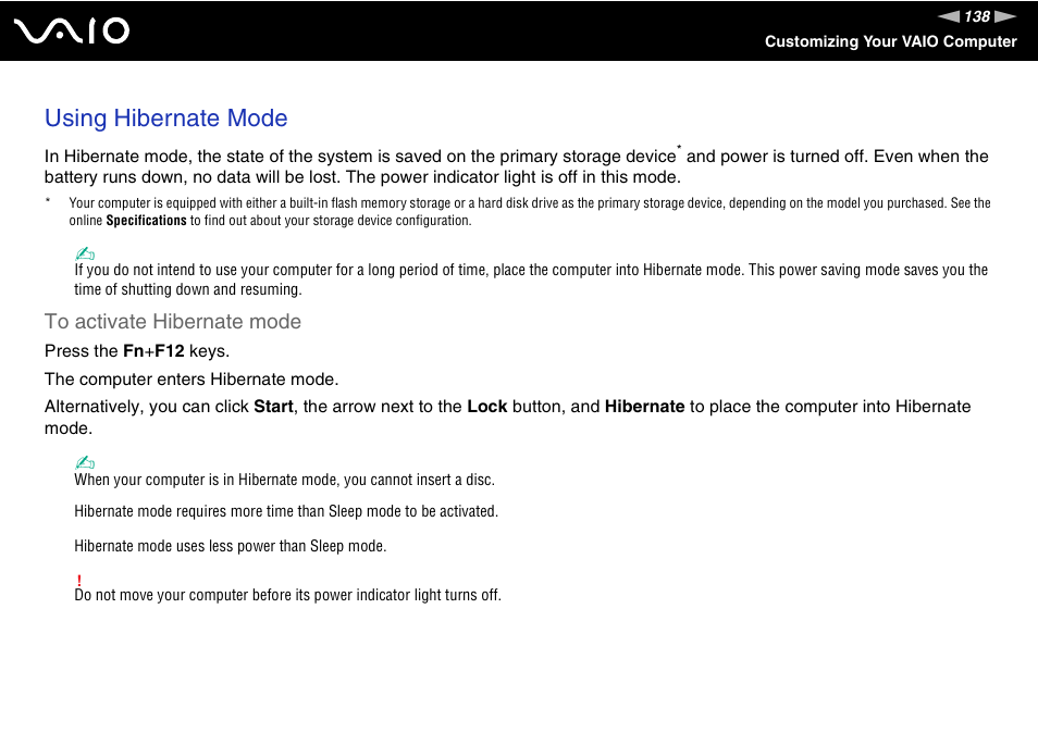 Using hibernate mode | Sony VGN-TZ198N User Manual | Page 138 / 232