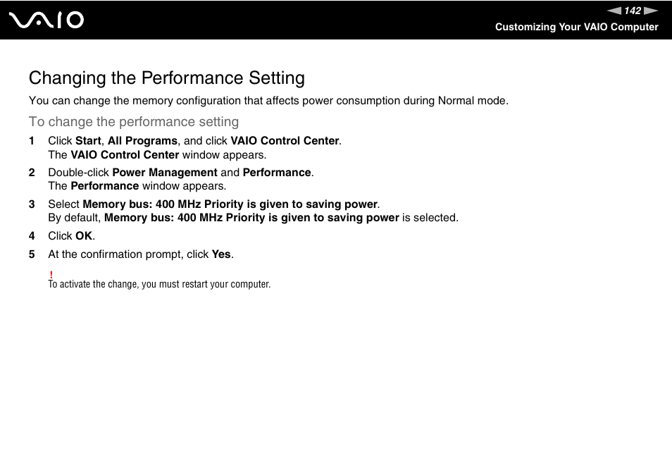 Changing the performance setting | Sony VGN-TZ198N User Manual | Page 142 / 232