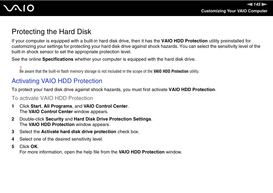 Protecting the hard disk, Activating vaio hdd protection | Sony VGN-TZ198N User Manual | Page 145 / 232