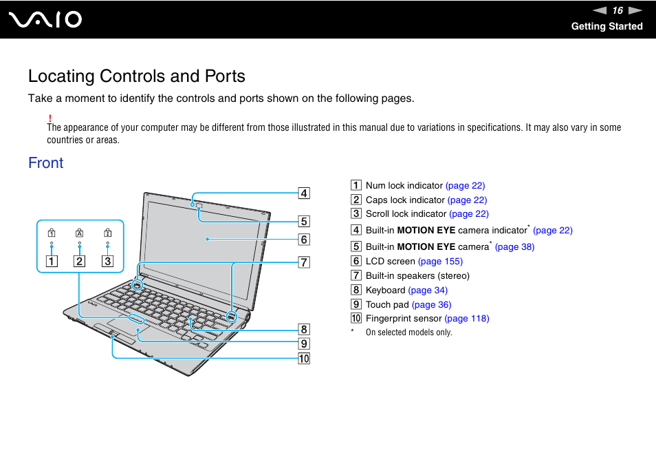 Locating controls and ports, Front | Sony VGN-TZ198N User Manual | Page 16 / 232