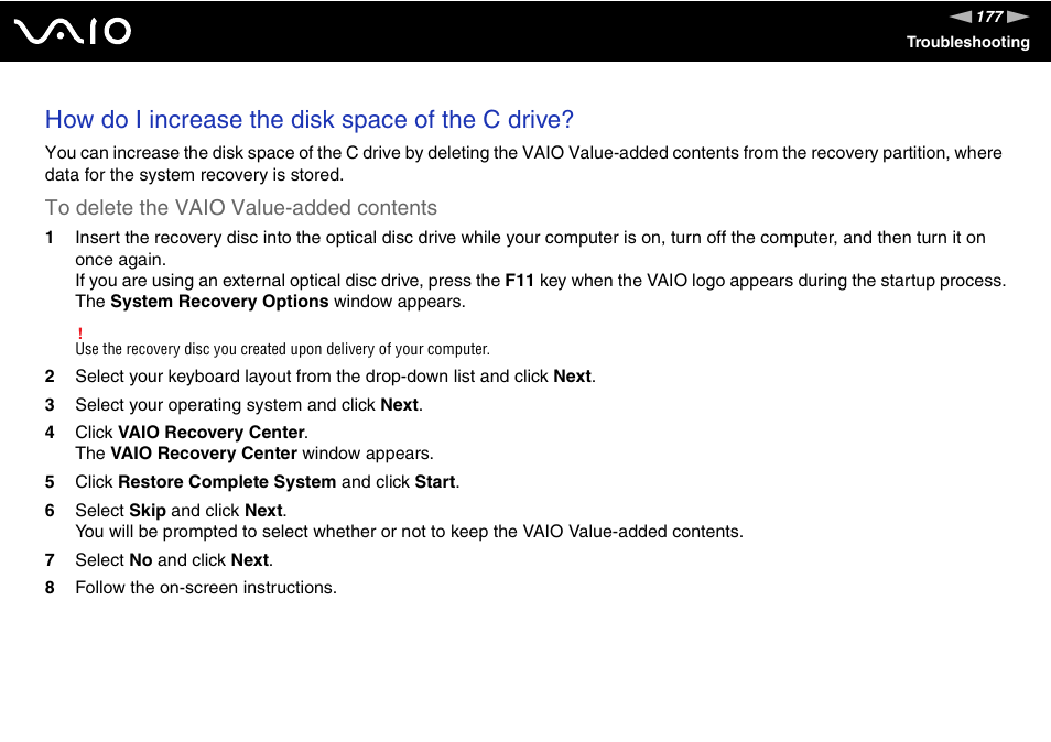 How do i increase the disk space of the c drive | Sony VGN-TZ198N User Manual | Page 177 / 232