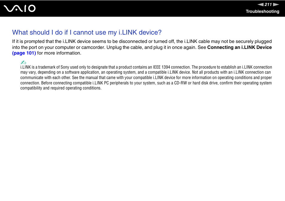 What should i do if i cannot use my i.link device | Sony VGN-TZ198N User Manual | Page 211 / 232