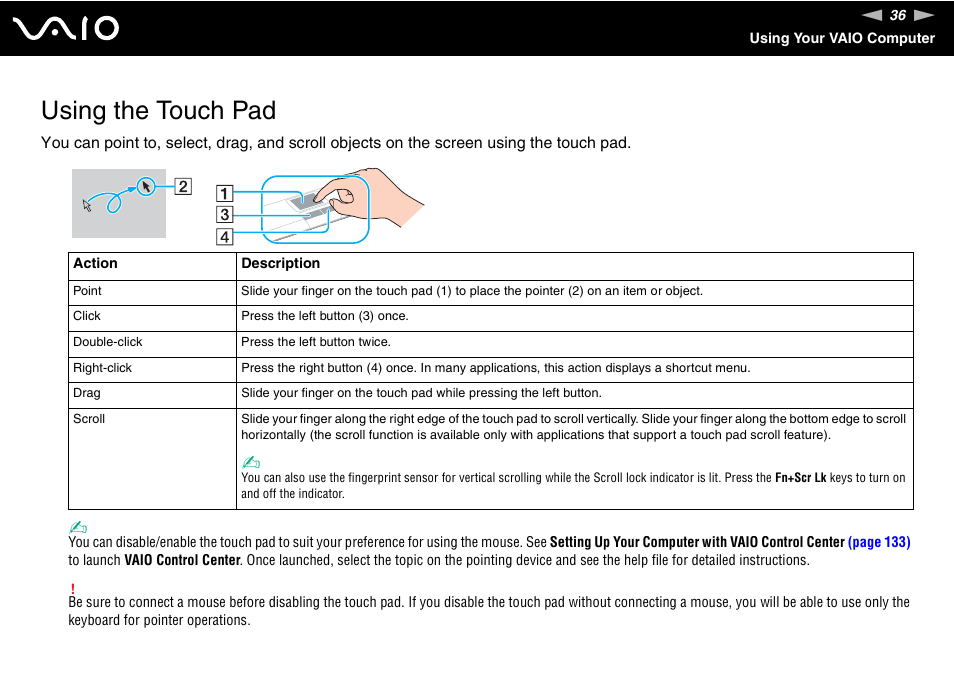 Using the touch pad | Sony VGN-TZ198N User Manual | Page 36 / 232