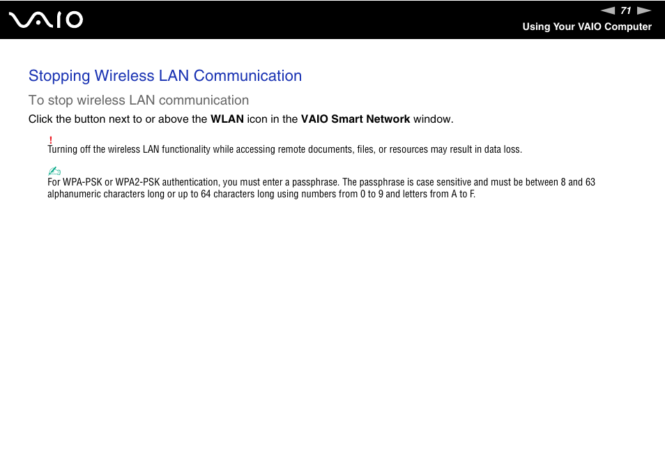 Stopping wireless lan communication | Sony VGN-TZ198N User Manual | Page 71 / 232