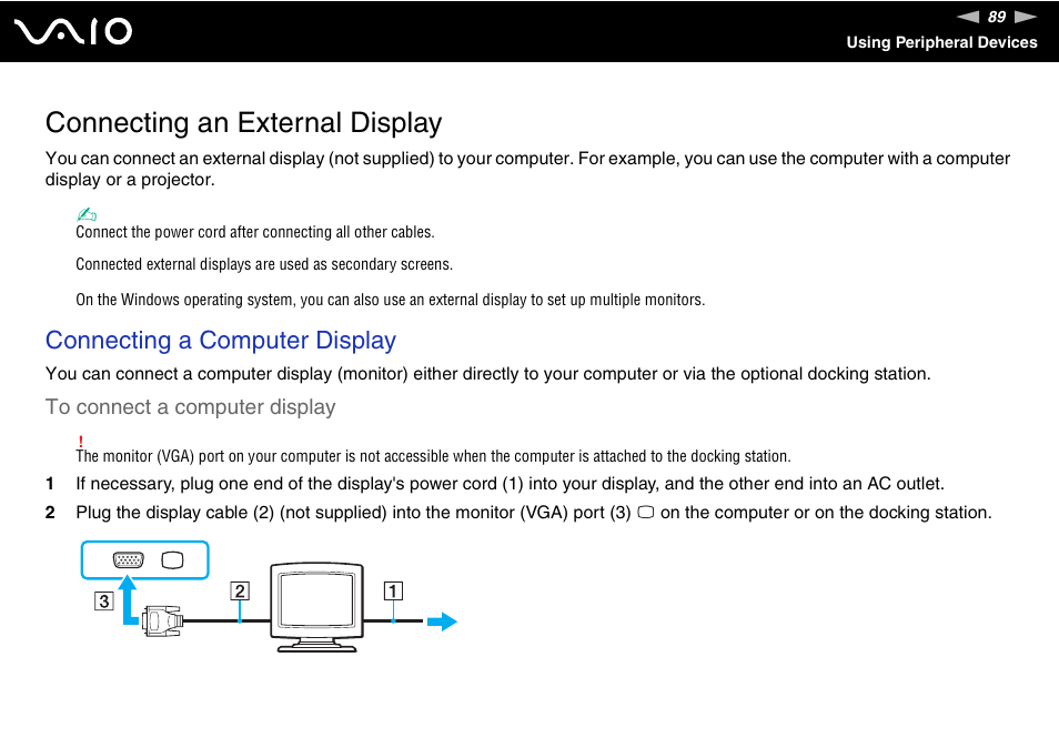 Connecting an external display, Connecting a computer display | Sony VGN-TZ198N User Manual | Page 89 / 232