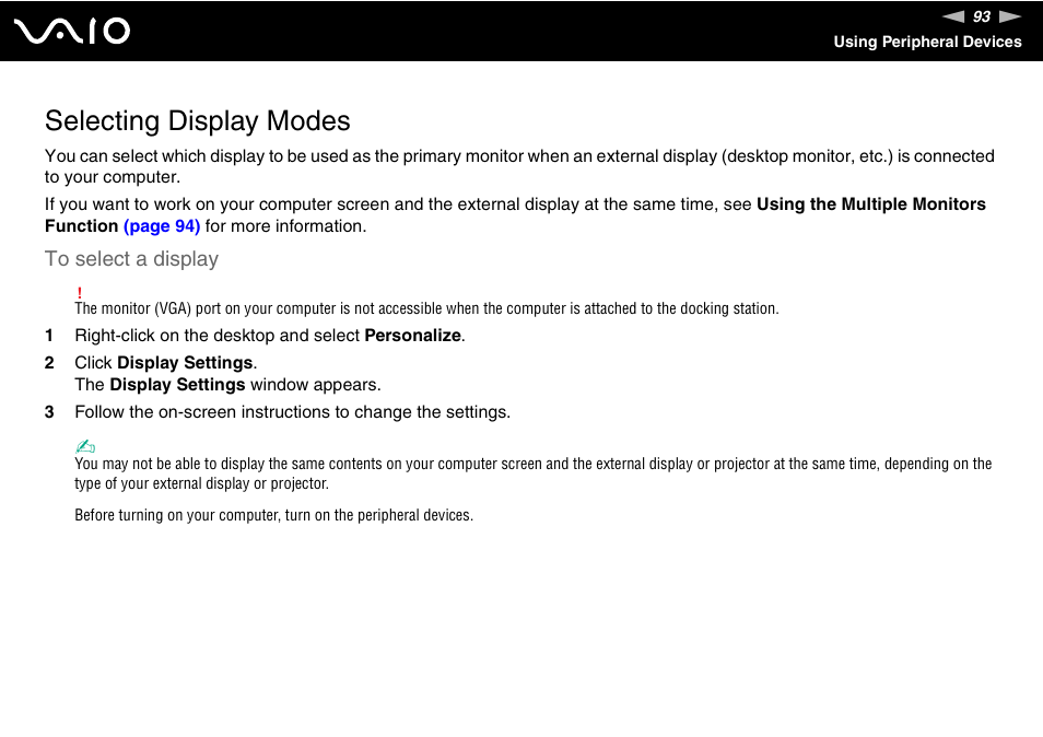 Selecting display modes | Sony VGN-TZ198N User Manual | Page 93 / 232