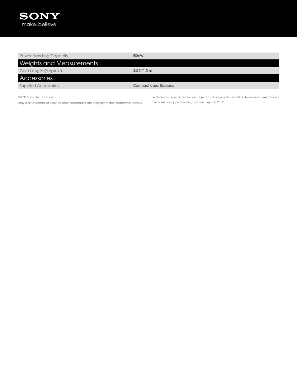 Weights and measurements, Accessories | Sony MDR-E828LP User Manual | Page 2 / 2