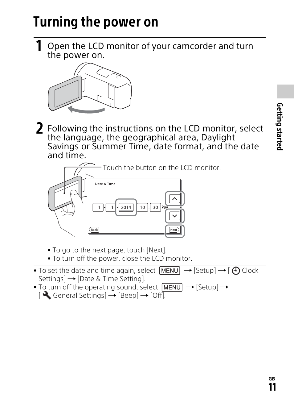 Turning the power on | Sony HDR-PJ540 User Manual | Page 11 / 32