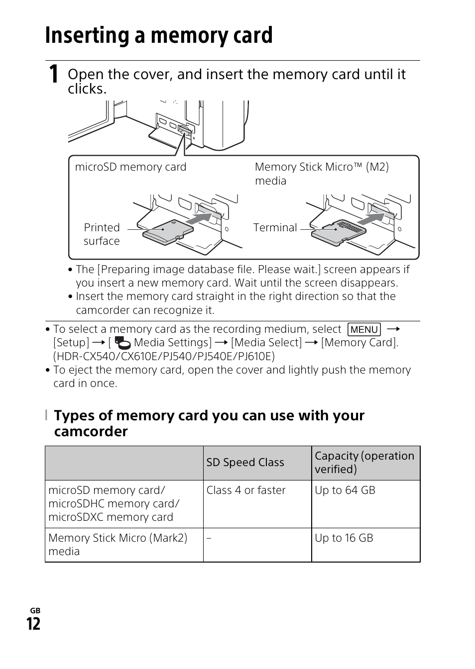 Inserting a memory card | Sony HDR-PJ540 User Manual | Page 12 / 32