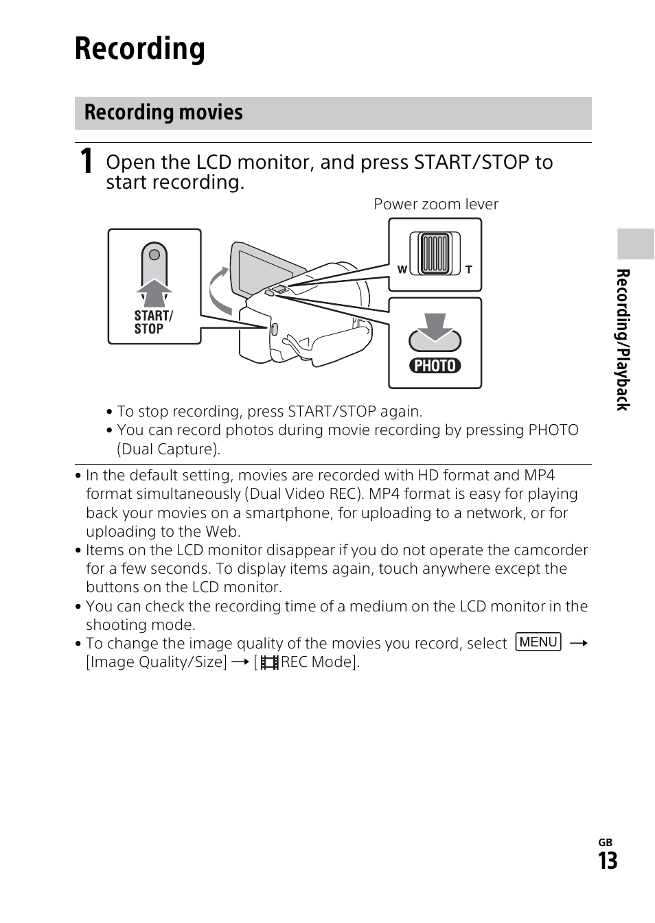 Recording/playback, Recording, Recording movies | Sony HDR-PJ540 User Manual | Page 13 / 32