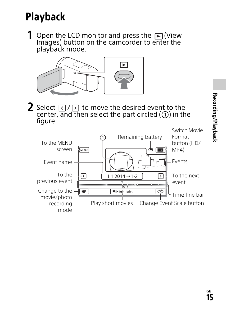 Playback | Sony HDR-PJ540 User Manual | Page 15 / 32