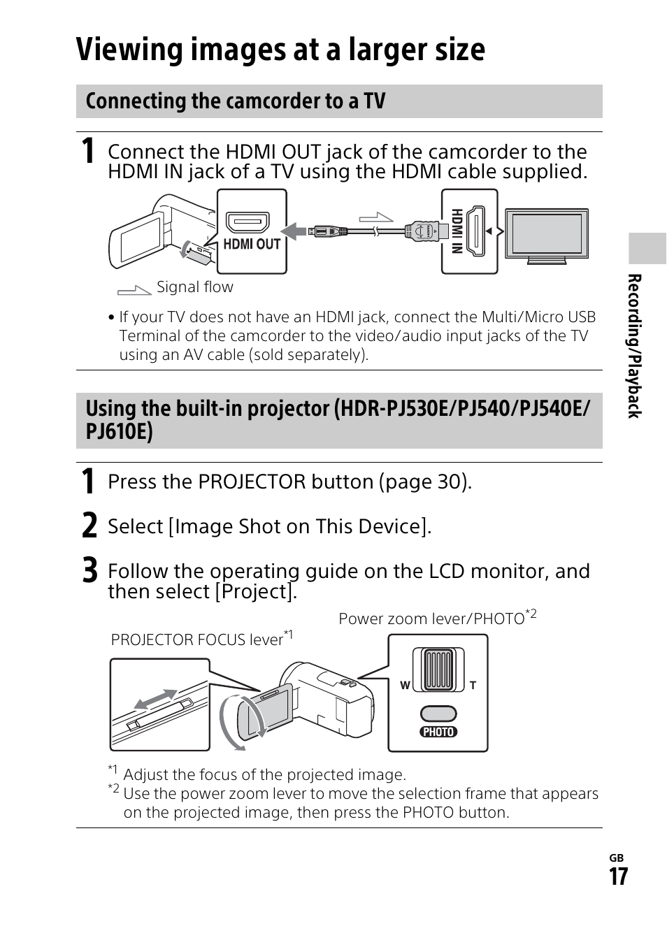 Viewing images at a larger size | Sony HDR-PJ540 User Manual | Page 17 / 32
