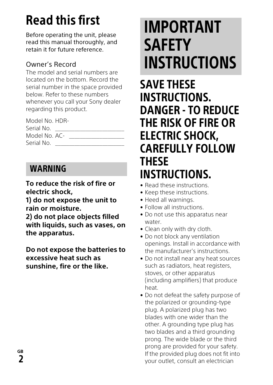 Read this first, Important safety instructions, Warning | Sony HDR-PJ540 User Manual | Page 2 / 32