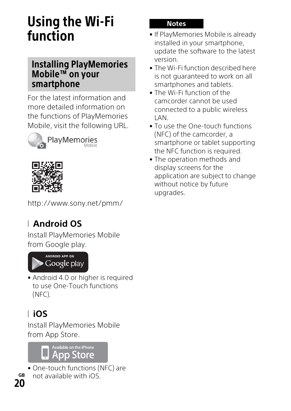 Using the wi-fi function, Android os | Sony HDR-PJ540 User Manual | Page 20 / 32