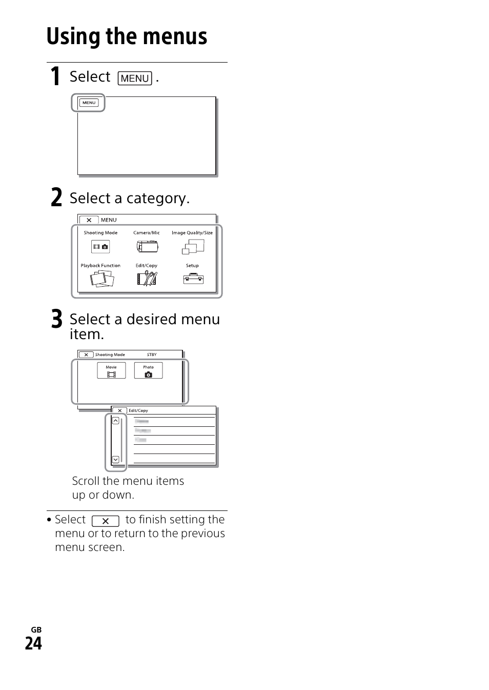 Customizing your camcorder, Using the menus | Sony HDR-PJ540 User Manual | Page 24 / 32