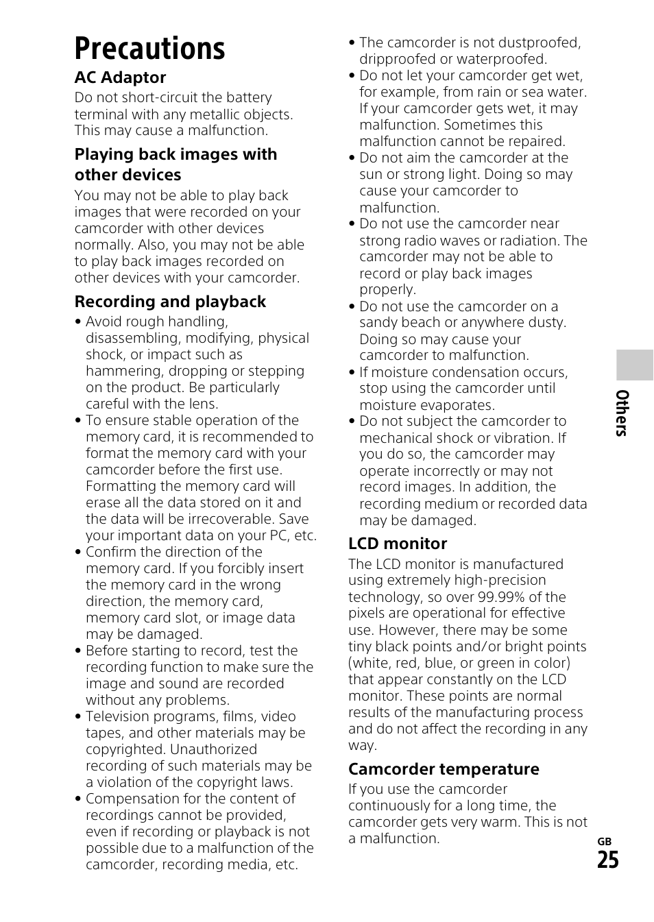Others, Precautions | Sony HDR-PJ540 User Manual | Page 25 / 32
