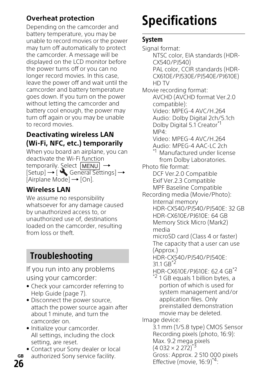 Specifications, Troubleshooting | Sony HDR-PJ540 User Manual | Page 26 / 32