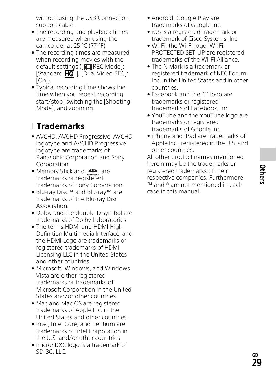 Trademarks | Sony HDR-PJ540 User Manual | Page 29 / 32