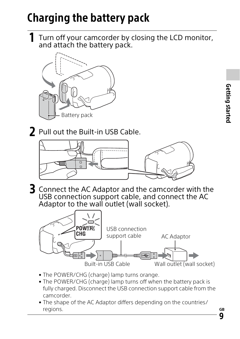 Charging the battery pack | Sony HDR-PJ540 User Manual | Page 9 / 32