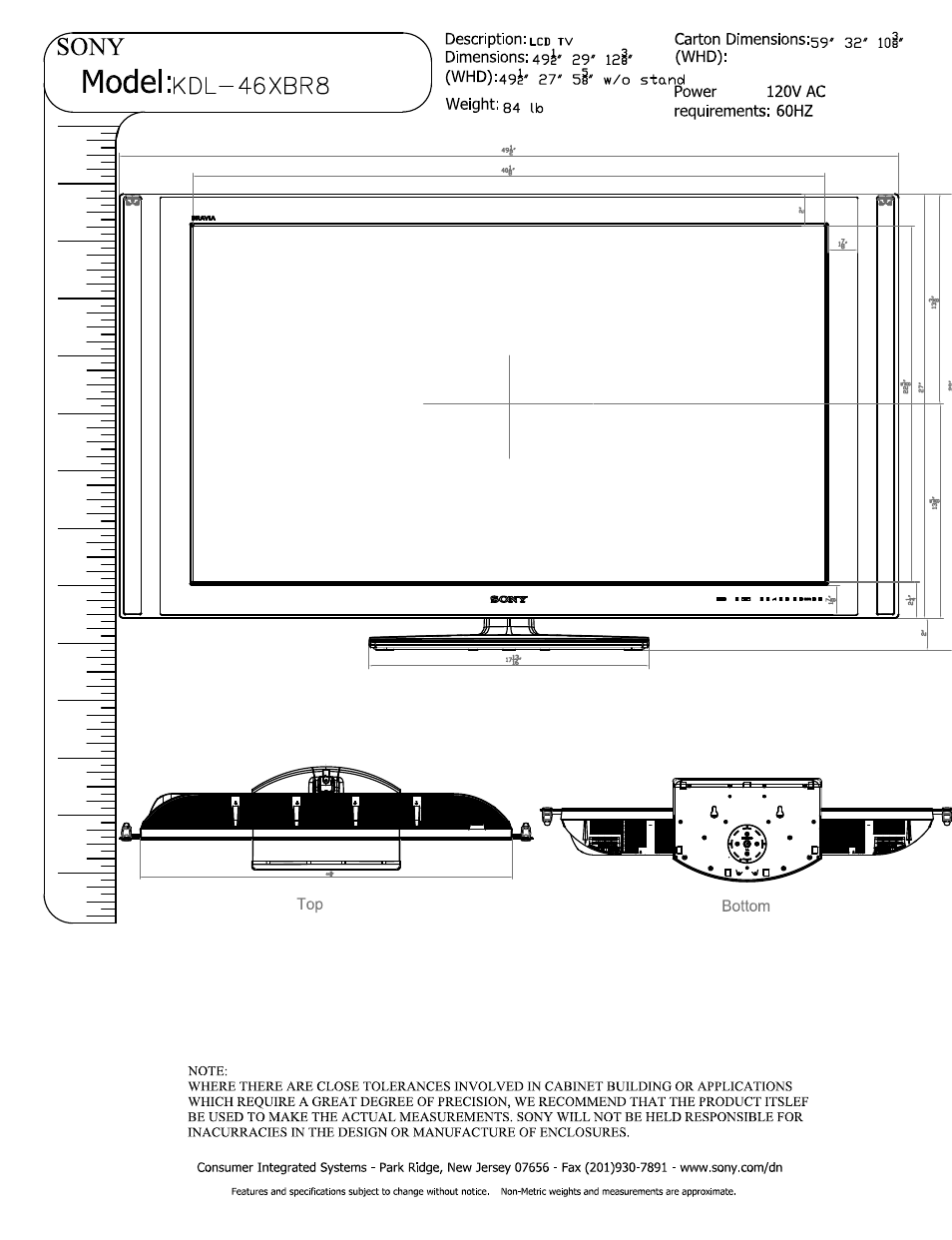 Sony KDL-46XBR8 User Manual | 2 pages