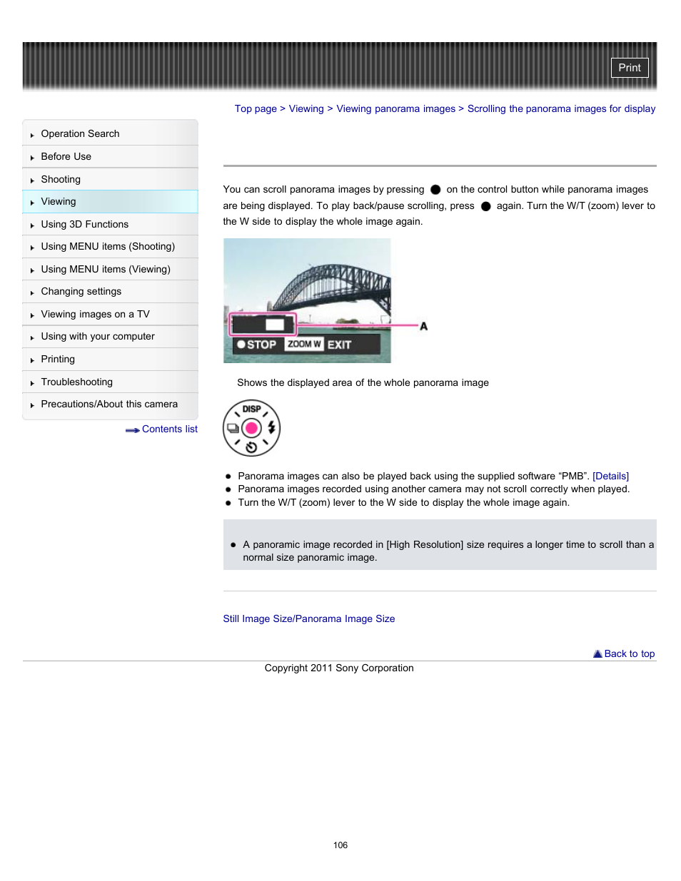 Scrolling the panorama images for display | Sony DSC-HX100V User Manual | Page 106 / 297