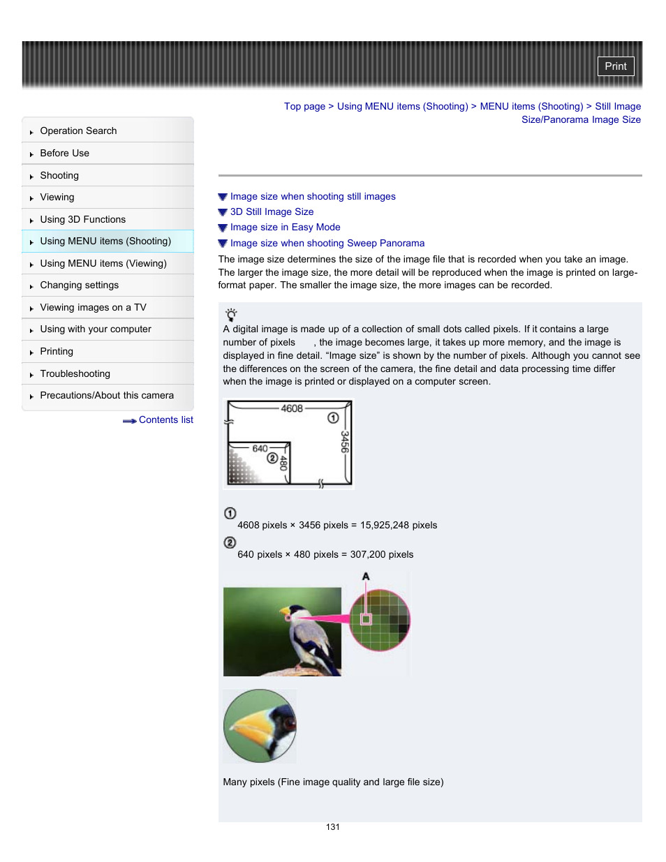 Still image size/panorama image size | Sony DSC-HX100V User Manual | Page 131 / 297