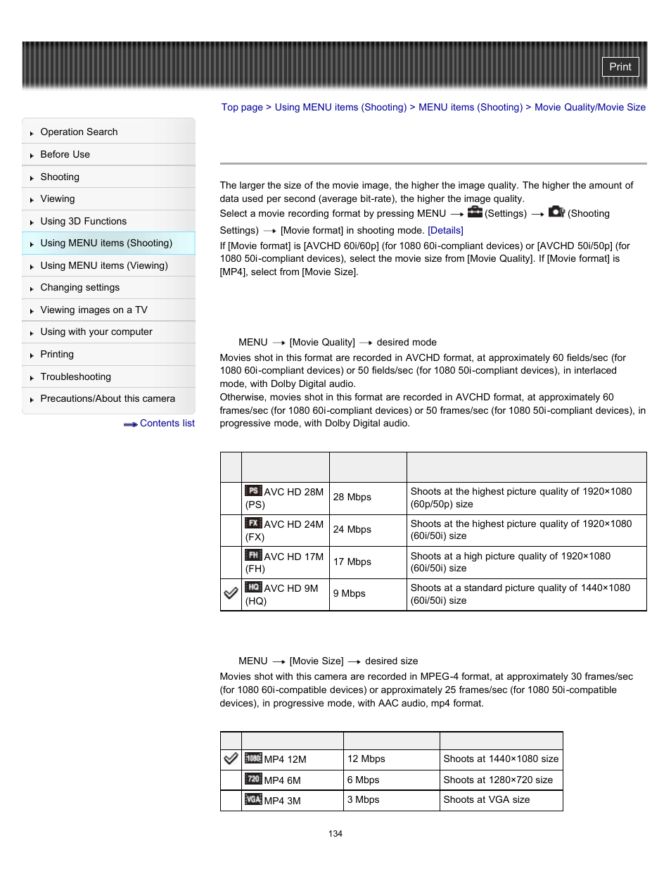 Movie quality/movie size | Sony DSC-HX100V User Manual | Page 134 / 297