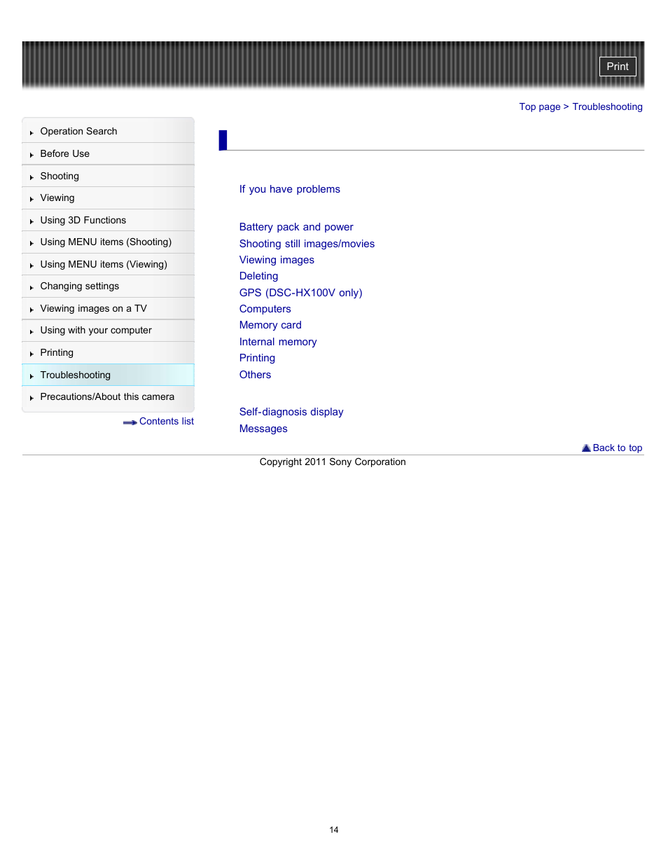 Troubleshooting | Sony DSC-HX100V User Manual | Page 14 / 297