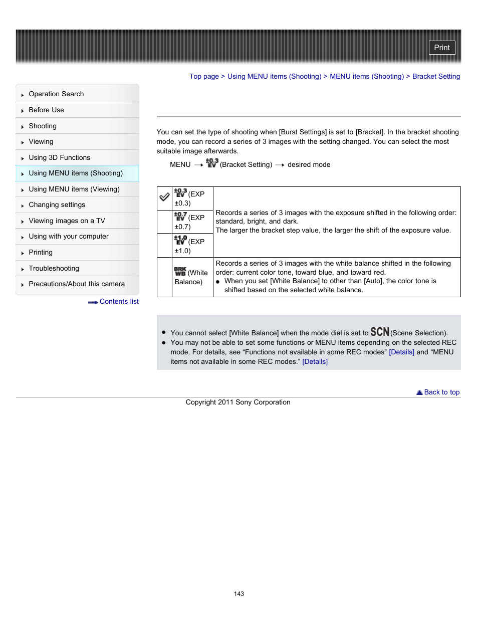 Bracket setting | Sony DSC-HX100V User Manual | Page 143 / 297