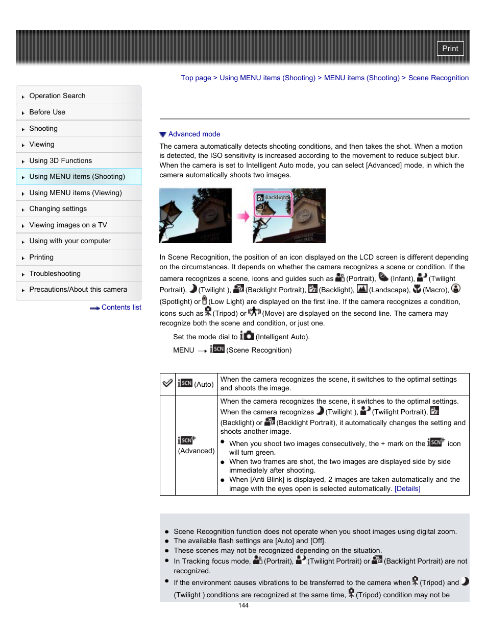 Scene recognition, Details | Sony DSC-HX100V User Manual | Page 144 / 297