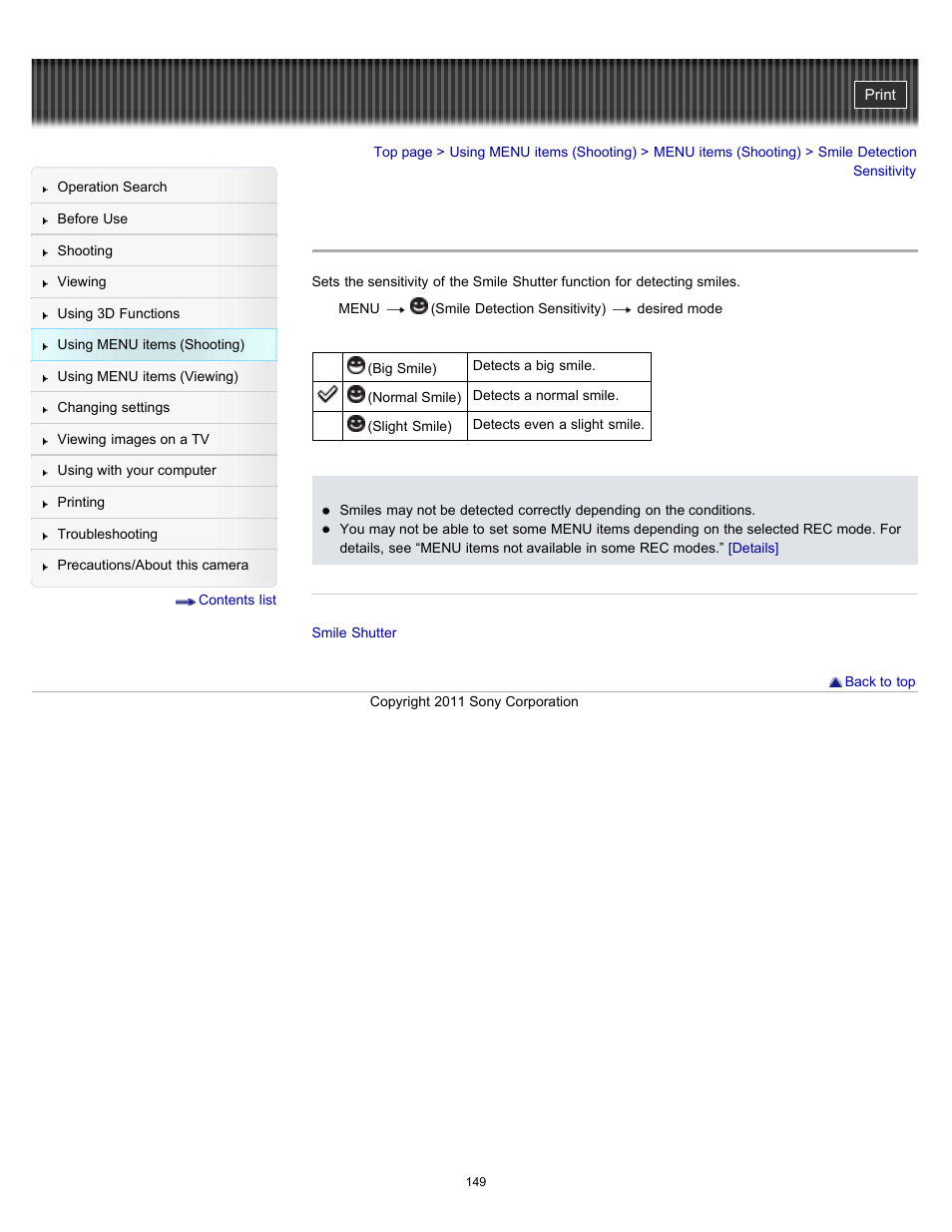 Smile detection sensitivity | Sony DSC-HX100V User Manual | Page 149 / 297